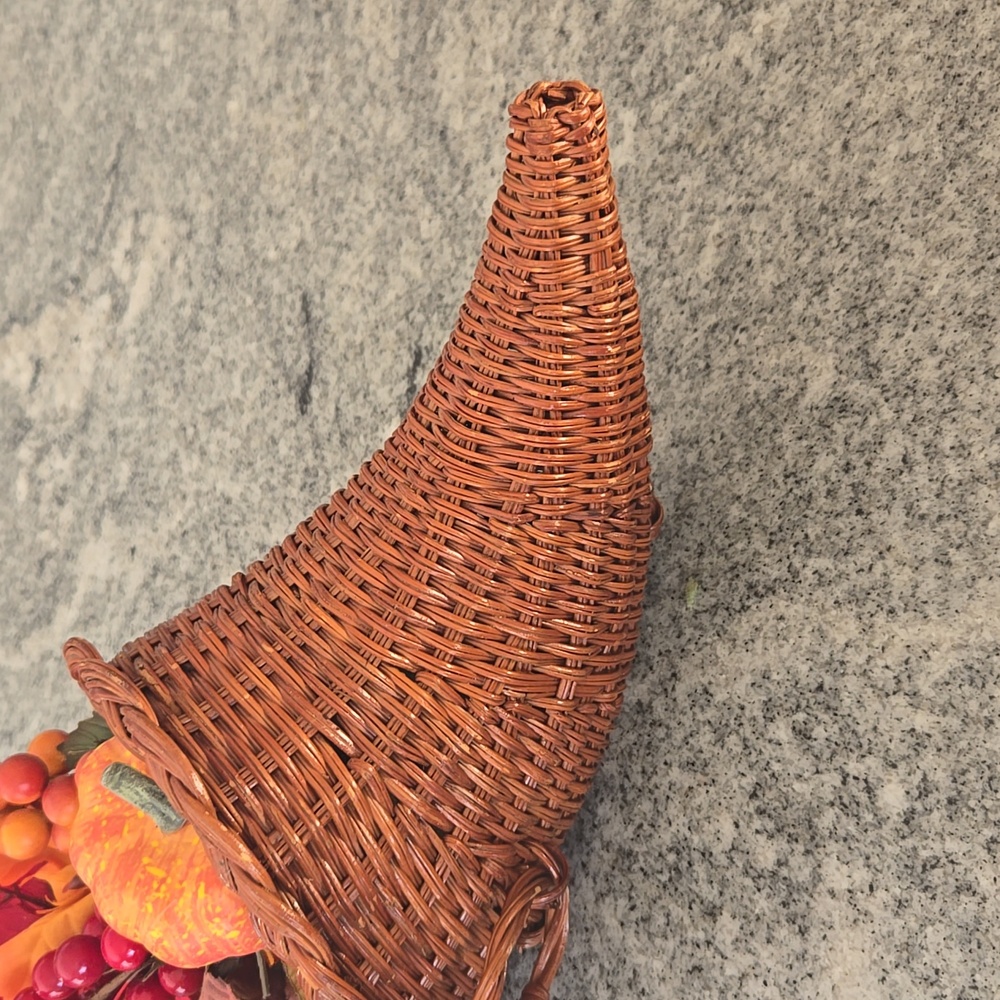 Thanksgiving Cornucopia Horn of Plenty Wicker Basket with Faux Flora - Picture 3 of 13